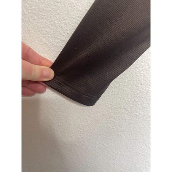 Open Edit Small Surplice Neck Ribbed Faux Wrap Crop Top Brown Long Sleeve - Picture 5 of 9